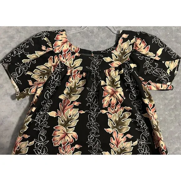 Hawaiian Original Women's M Black Dress Floral Short Sleeves Hawaii MuuMuu - Picture 5 of 6